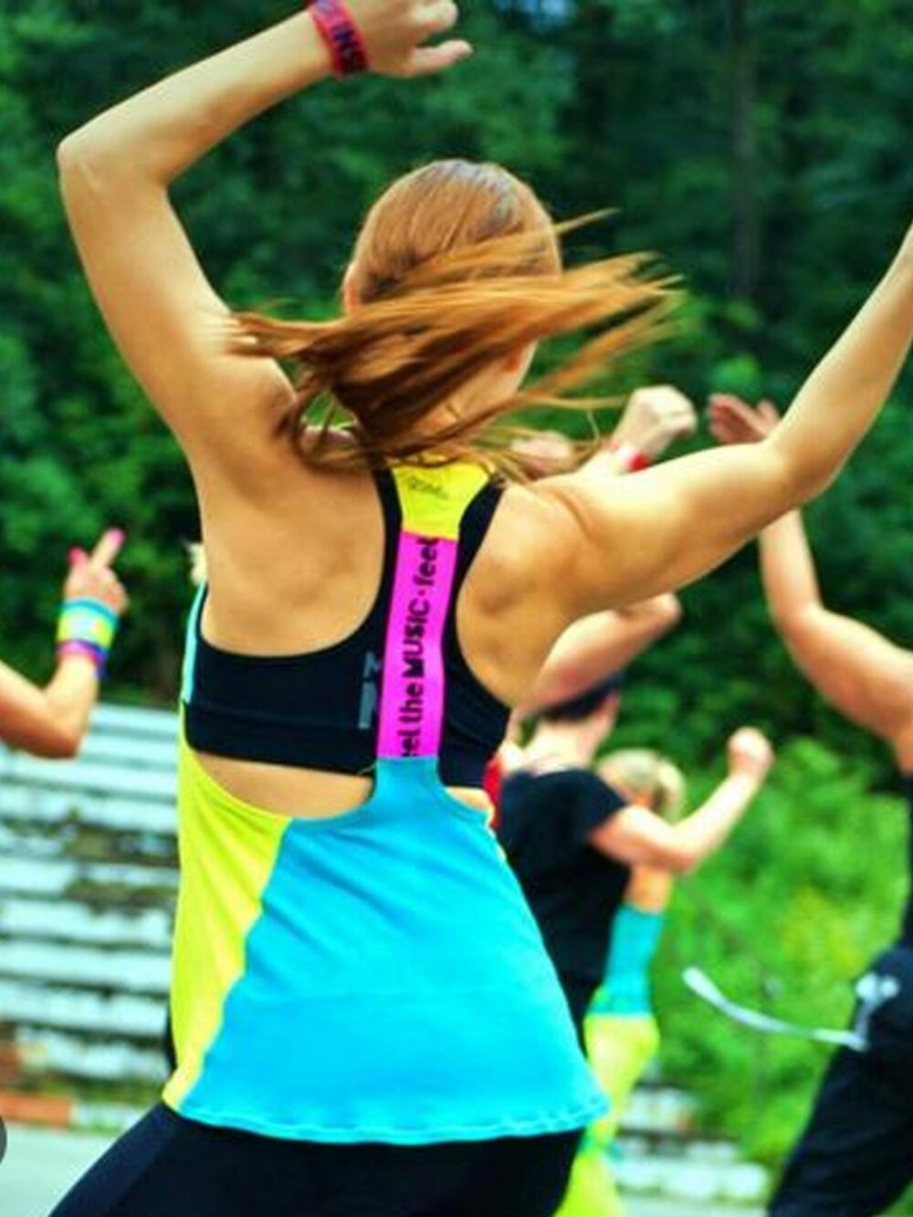 ZUMBA "Feel The Music” Racerback Top Tank Tee RARE Lime Green Blue Pink Size S